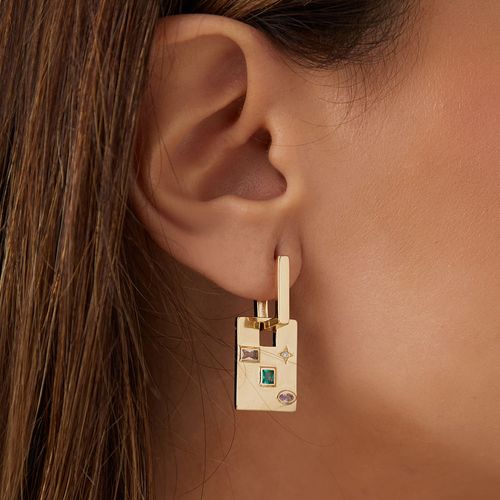Brinco Argola Geométrico com Cristal Paraiba, Cristal Quartzo Rosa e Cristal Morganita - Banho de Ouro 18k