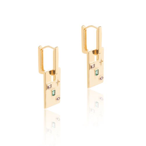 Brinco Argola Geométrico com Cristal Paraiba, Cristal Quartzo Rosa e Cristal Morganita - Banho de Ouro 18k