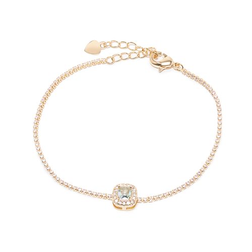 Pulseira Inteira Cravejada com Quadradinho 7mm de Cristal Topázio Azul e Zircônias Brancas 18cm - Banho de Ouro 18k
