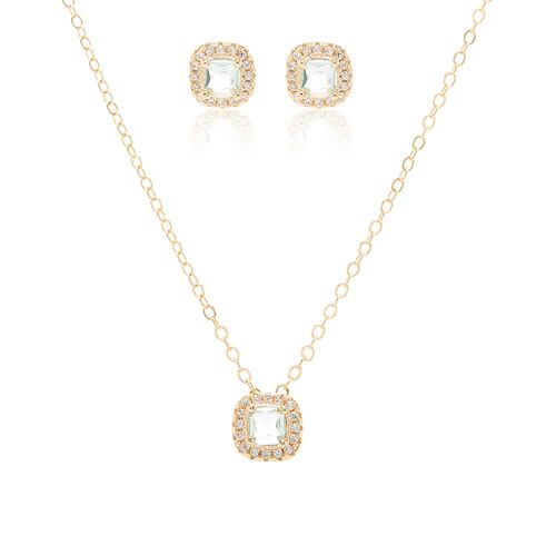 Conjunto de Brinco e Colar Quadradinho 7mm com Cristal Topázio Azul e Zircônias Brancas 45cm - Banho de Ouro 18k