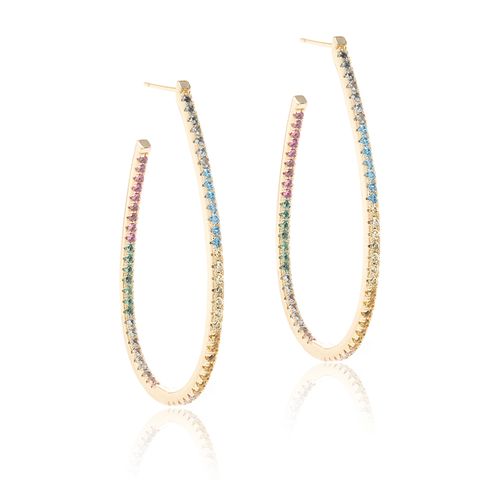 Brinco Argola J com Zircônias Coloridas - Banho de Ouro 18k