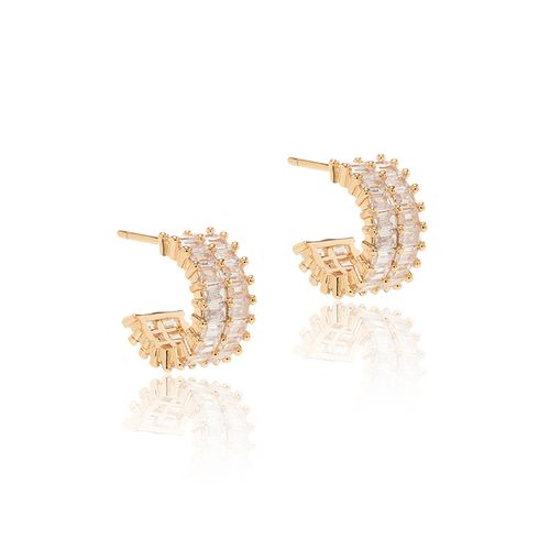 Brinco Argola de Baguetes com Zircônias Brancas - Banho de Ouro 18k
