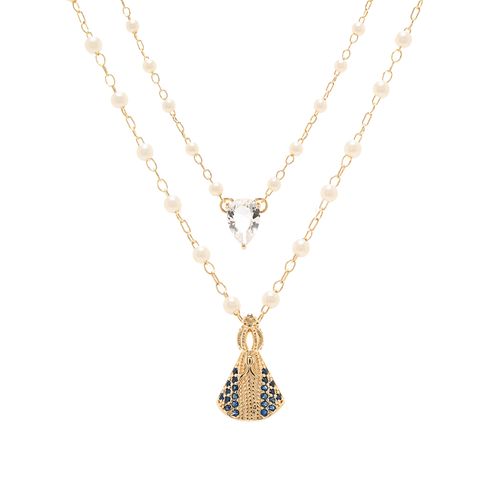 Colar Escapulário Nossa Senhora Aparecida e Gota com Pérolas Coreanas, Zircônias Azul Escuro e Zircônia Branca 65cm - Banho de Ouro 18k