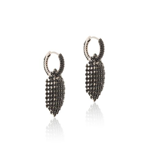 Brinco Argola Trama Pavé com Zircônias Negras - Banho de Ródio Branco