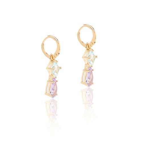 Brinco Earbling Cristal Ametista e Cristal Topázio Azul - Banho de Ouro 18k