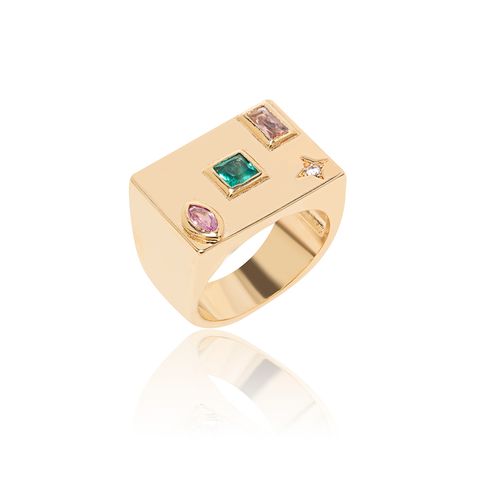 Anel Geométrico com Cristal Paraiba, Cristal Quartzo Rosa e Cristal Morganita - Banho de Ouro 18k