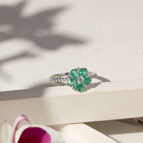 Anel Flor 5 Pétalas com Cristal Paraíba e Zircônias Brancas - Prata 925