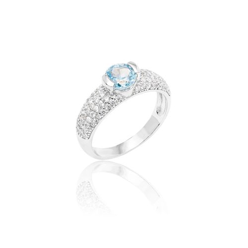 Anel Solitário Redondo de Zircônia Sky Blue e Zircônias Brancas - Prata 925