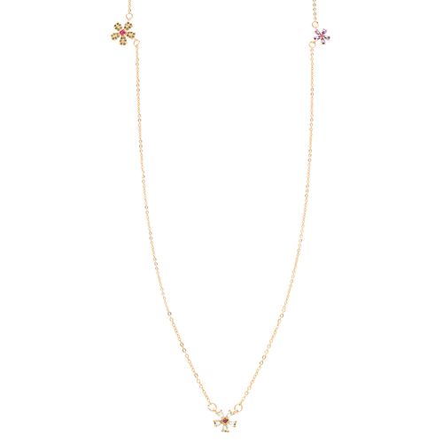 Colar Escapulário Trio de Flores com Cristal Ametista, Cristal Topázio Azul e Zircônias Verdes 65cm - Banho de Ouro 18k