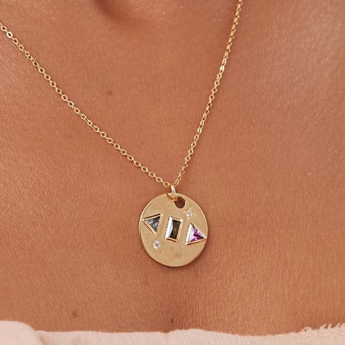 Colar Geométrico Round com Cristal Turmalina Rosa, Cristal Peridoto e Cristal London Blue 50cm - Banho de Ouro 18k