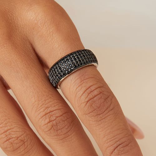 Anel Aliança 5 Linhas com Zircônias Negras - Banho de Ródio Branco