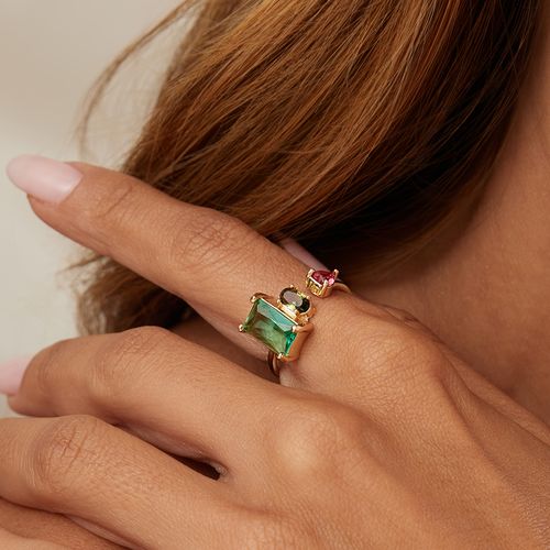 Anel Retângular com Cristal Paraiba, Cristal Peridoto e Cristal Turmalina Rosa - Banho de Ouro 18k