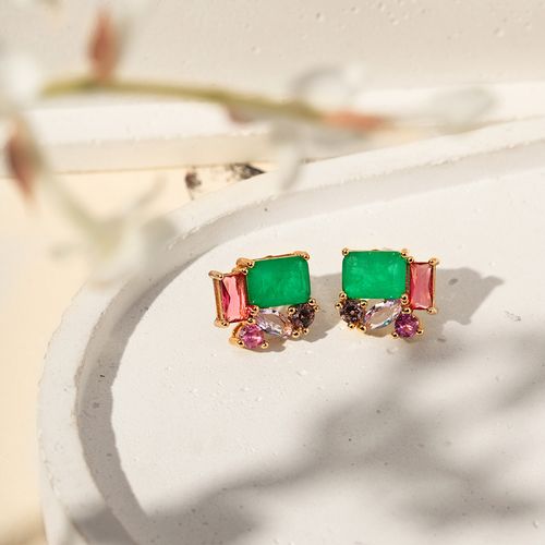 Brinco Retângular Pequeno com Fusion Esmeralda, Cristal Turmalina Rosa, Cristal Paraiba - Banho de Ouro 18k