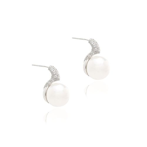Brinco Pérola Shell Cravejado com Zircônias Brancas - Prata 925