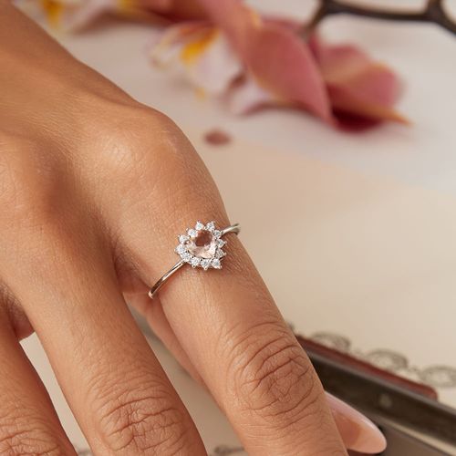 Anel Coração Cristal Morganita Cravejado com Zircônias Brancas - Prata 925