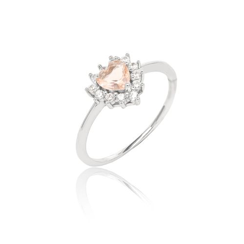 Anel Coração Cristal Morganita Cravejado com Zircônias Brancas - Prata 925
