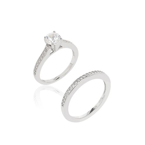 Kit com 2 Anéis Solitário e Aparador de Zircônias Brancas - Prata 925