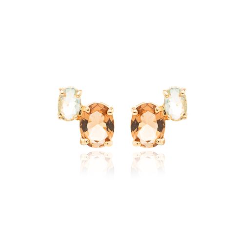 Brinco Ovais com Cristal Topázio Azul e Cristal Topázio Fumê - Banho de Ouro 18k