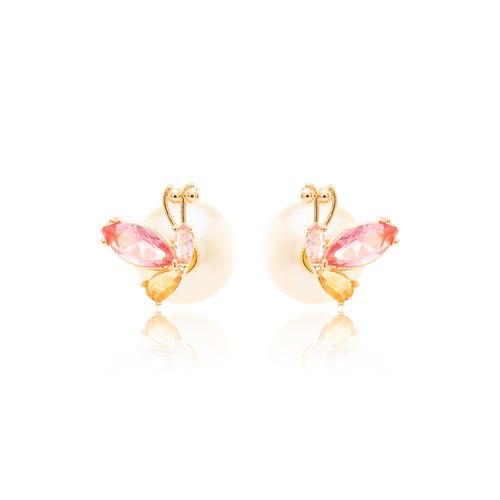 Brinco Borboleta com Cristal Turmalina Rosa, Cristal Citrino, Cristal Quartzo Rosa e Fecho Pérola - Banho de Ouro 18k
