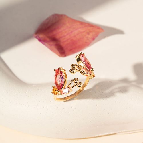 Anel Borboletas Aberto com Cristal Turmalina Rosa, Cristal Citrino, Cristal Quartzo Rosa - Banho de Ouro 18k