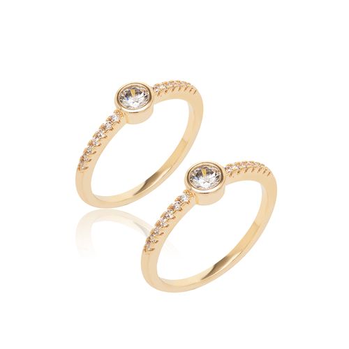 Kit com 2 Anéis Solitário Ponto de Luz com Zircônias Brancas - Banho de Ouro 18k