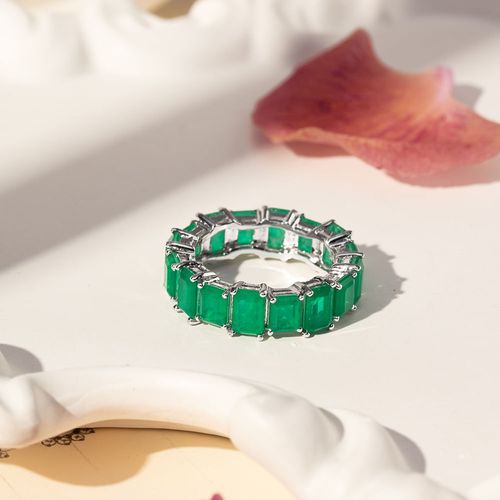 Anel Aliança com Retângulos de Fusion Esmeralda - Banho de Ródio Branco