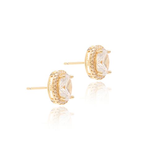 Brinco Oval Cravejado com Zircônias Brancas - Banho de Ouro 18k