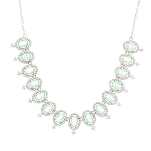 Colar Ovais com Fusion Esmeralda Colombiana e Zircônias Brancas 45cm - Banho de Ródio Branco