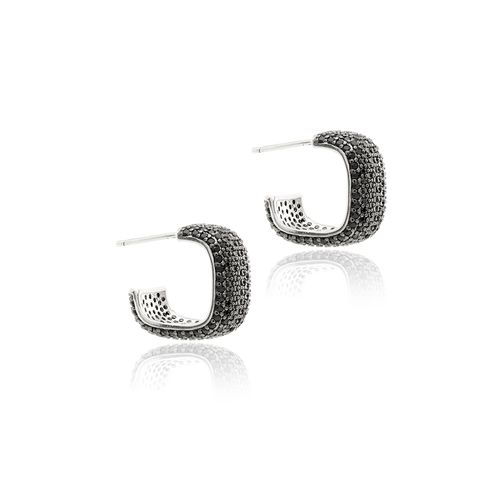 Brinco Argola 25mm Quadrada 8 Linhas com Zircônias Negras - Banho de Ródio Branco