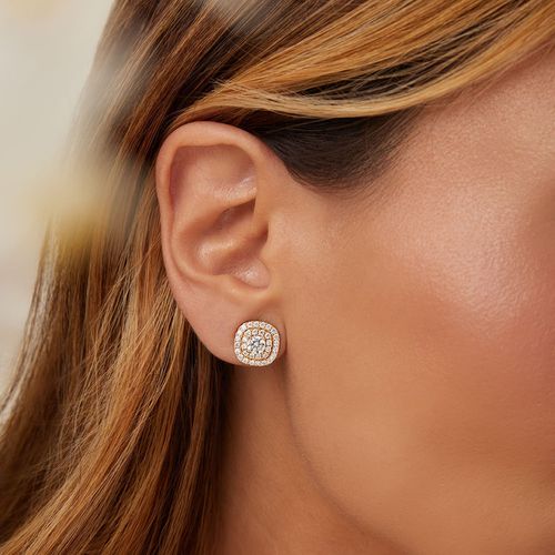 Conjunto Brinco e Colar Quadrado Cravejado com Zircônias Brancas 50cm - Banho de Ouro 18k