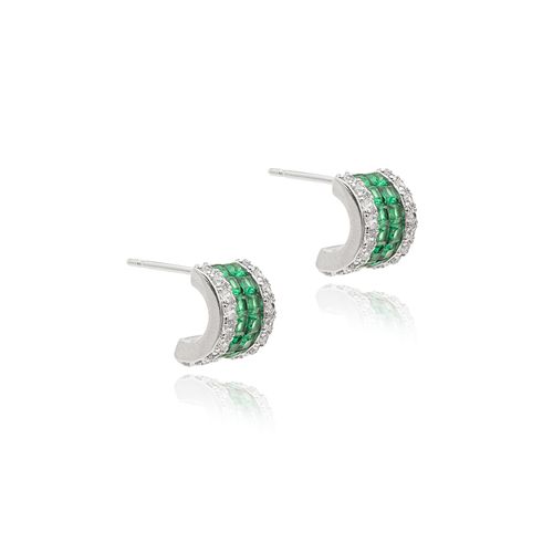 Brinco Cravação Invisível Curvado com Zircônias Esmeralda e Zircônias Brancas - Banho de Ródio Branco