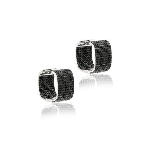 Brinco Argola 16mm Quadrada 9 Linhas com Zircônias Negras - Banho de Ródio Branco