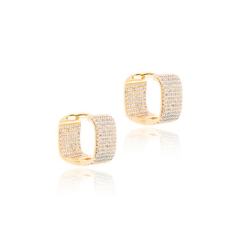 Brinco Argola 16mm Quadrada 9 Linhas com Zircônias Brancas - Banho de Ouro 18k