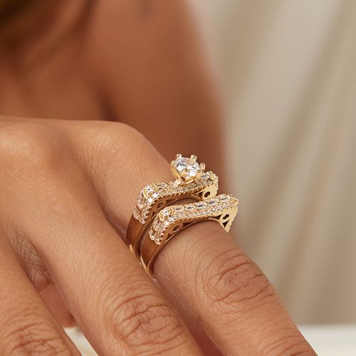 Kit com Solitário e Aparador Reto com Zircônias Brancas - Banho de Ouro 18k