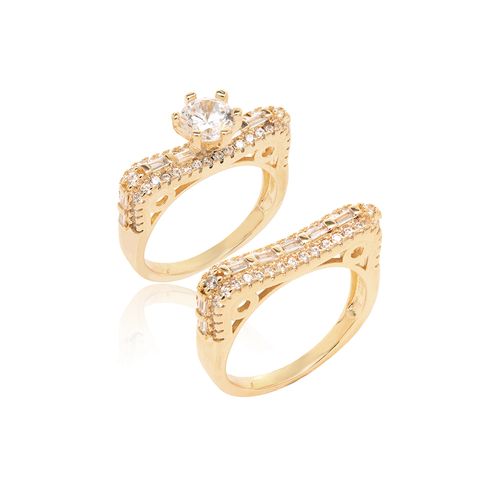 Kit com Solitário e Aparador Reto com Zircônias Brancas - Banho de Ouro 18k