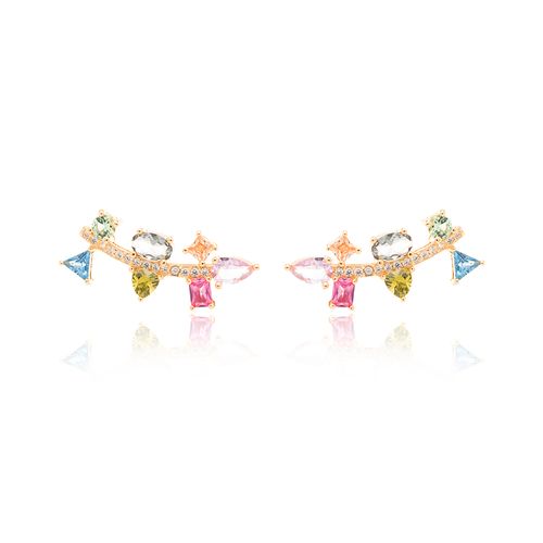 Brinco Earcuff Formas de Cristal Turmalina Rosa, Cristal Berilo, Cristal London Blue e Zircônias Brancas - Banho de Ouro 18k