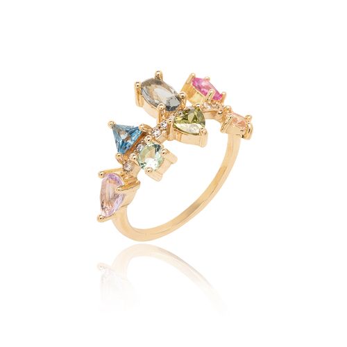 Anel Formas de Cristal Turmalina Rosa, Cristal Berilo, Cristal London Blue e Zircônias Brancas - Banho de Ouro 18k