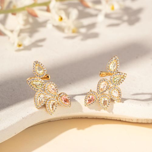 Brinco Earcuff Gotas com Cristal Quartzo Rosa, Cristal Topázio Azul, Cristal Ametista Verde e Zircônias Brancas - Banho de Ouro 18k