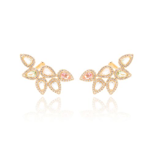 Brinco Earcuff Gotas com Cristal Quartzo Rosa, Cristal Topázio Azul, Cristal Ametista Verde e Zircônias Brancas - Banho de Ouro 18k