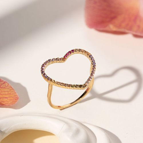 Anel Coração Vazado com Zircônias Coloridas - Banho de Ouro 18k