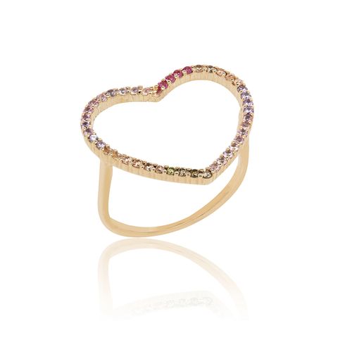 Anel Coração Vazado com Zircônias Coloridas - Banho de Ouro 18k