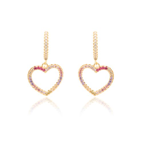 Brinco Earbling Coração Vazado com Zircônias Coloridas - Banho de Ouro 18k
