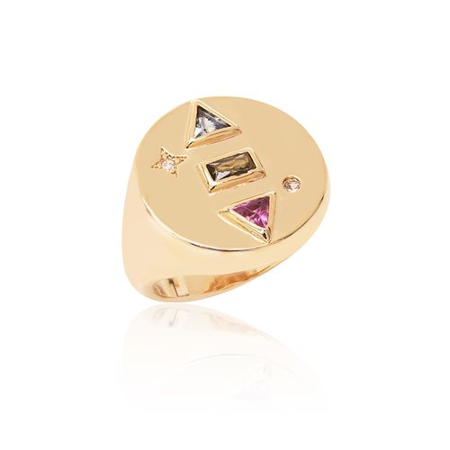 Anel Geometrico Round com Cristal Turmalina Rosa, Cristal Peridoto e Cristal London Blue - Banho de Ouro 18k