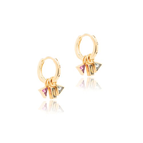 Brinco Earbling Argola 14mm Geométrico com Cristal Turmalina Rosa, Cristal Peridoto e Cristal London Blue - Banho de Ouro 18k
