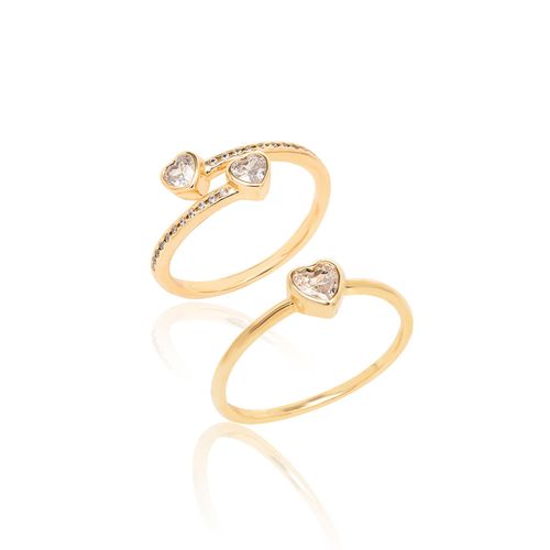 Kit com Dois Anéis de Corações Com Zircônias Brancas - Banho de Ouro 18k
