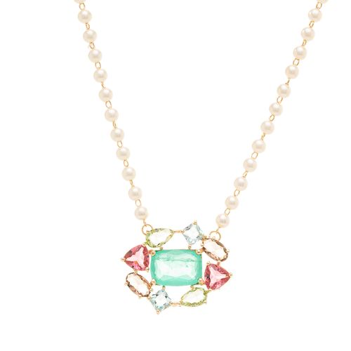 Colar Formas com Fusion Turmalina, Cristal Turmalina Rosa, Cristal Berilo, Cristal Topázio Fumê e Zircônias Brancas 47cm - Banho de Ouro 18k