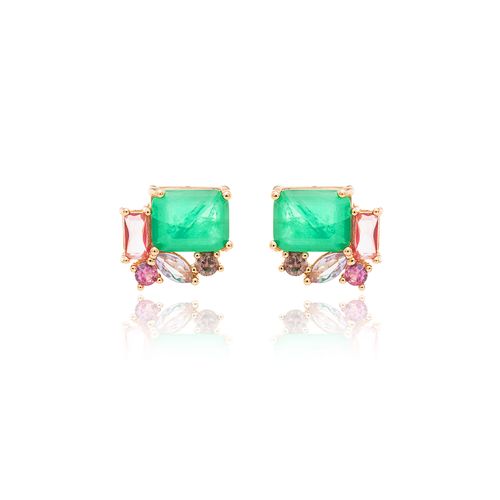 Brinco Retângular Médio com Fusion Esmeralda, Cristal Turmalina Rosa, Cristal Paraiba - Banho de Ouro 18k