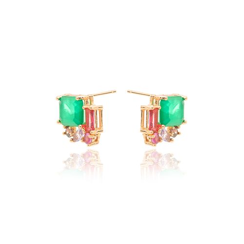 Brinco Retângular Médio com Fusion Esmeralda, Cristal Turmalina Rosa, Cristal Paraiba - Banho de Ouro 18k
