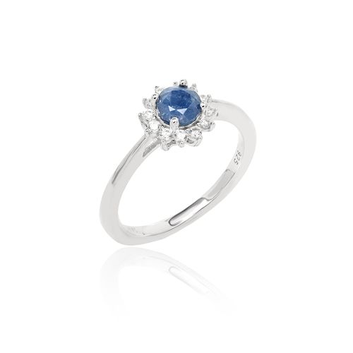 Anel Redondo Safira Natural 5mm Aprox. 0,7ct com Moissanites Melee de 1,5mm - D VVS1 - Prata 925