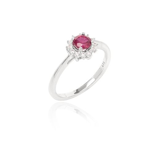 Anel Redondo Rubi Natural 5mm Aprox. 0,65ct com Moissanites Melee de 1,5mm - D VVS1 - Prata 925